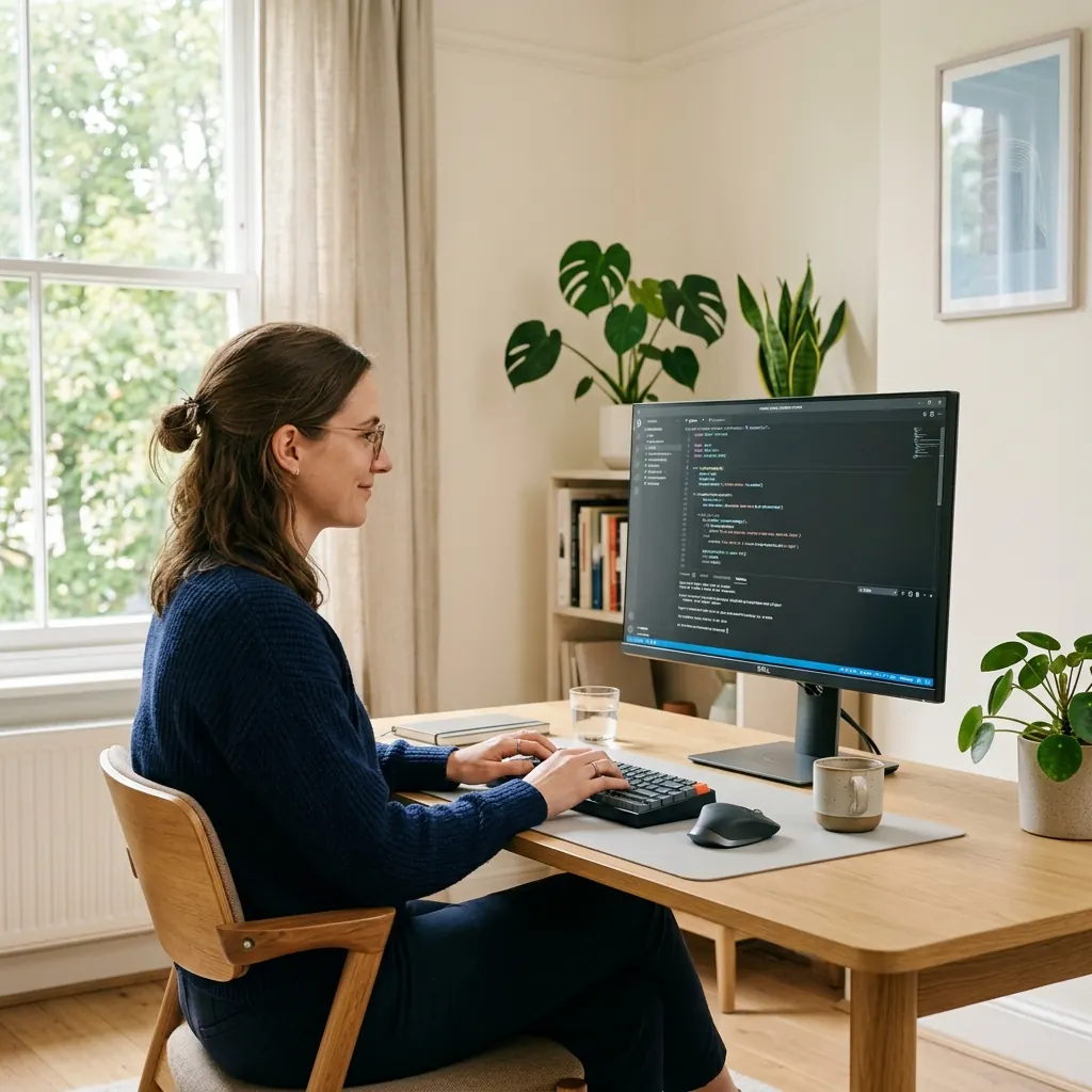 A remote developer working on their laptop in a focused workspace