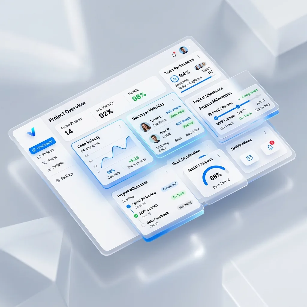 Open IT Freelancers dashboard showing matched remote developers and project milestones